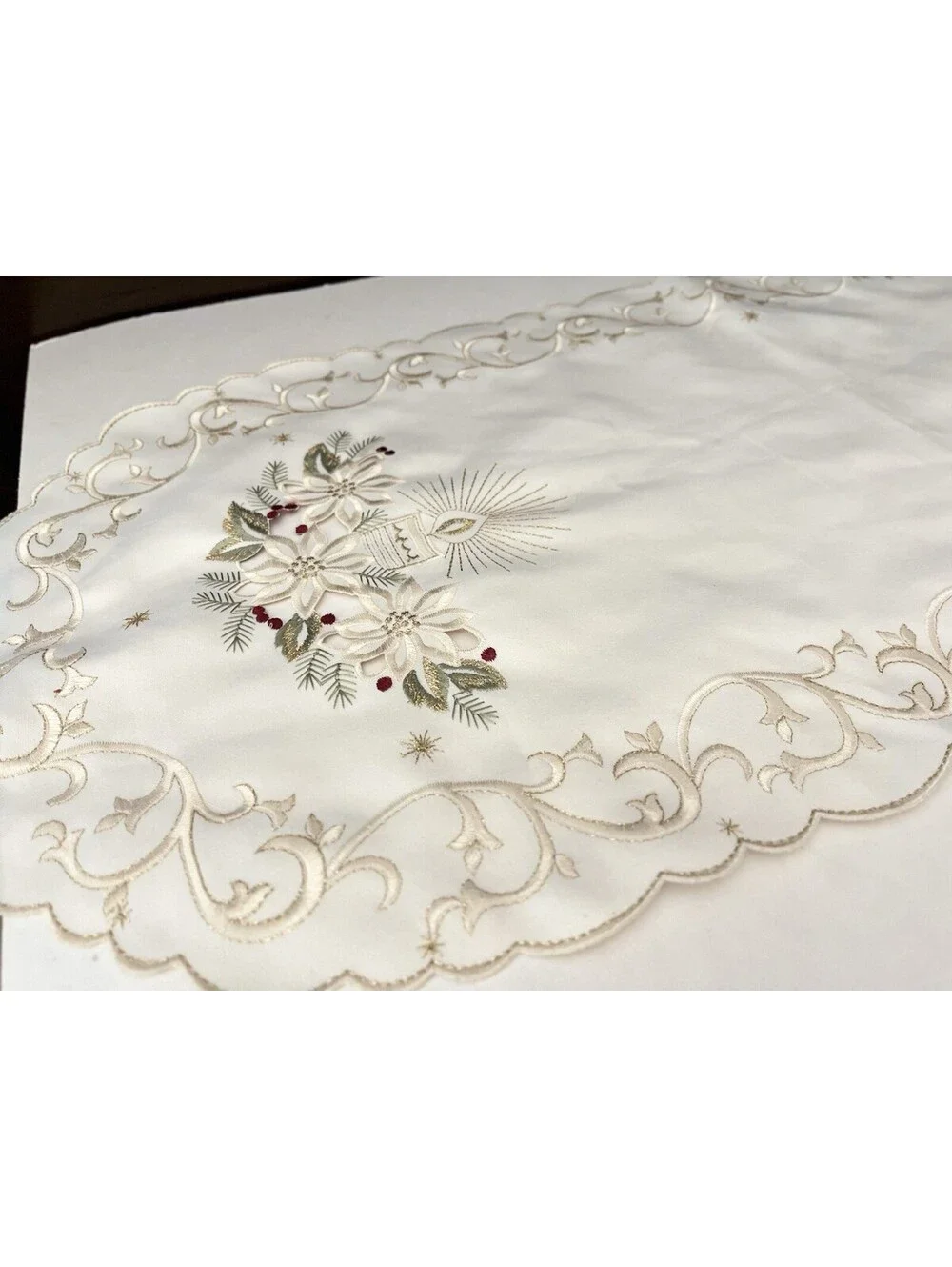 Vintage Table Runner Embroidered With Beautiful Gold Thread Candle Flower 34x14